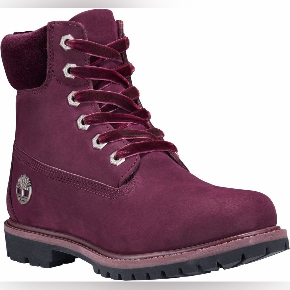 Timberland women’s burgundy suede with velvet trim combat boots